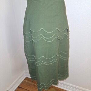 Shabby Apple Olive Green Ruffle Tiered Scalloped‎ cotton stretch Midi Skirt SZ M
